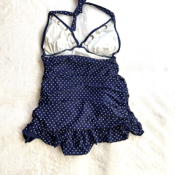 One Piece Halter Top Swimsuit Retro Pinup Style Blue and White Polka Dot Size Me - Picture 5 of 14